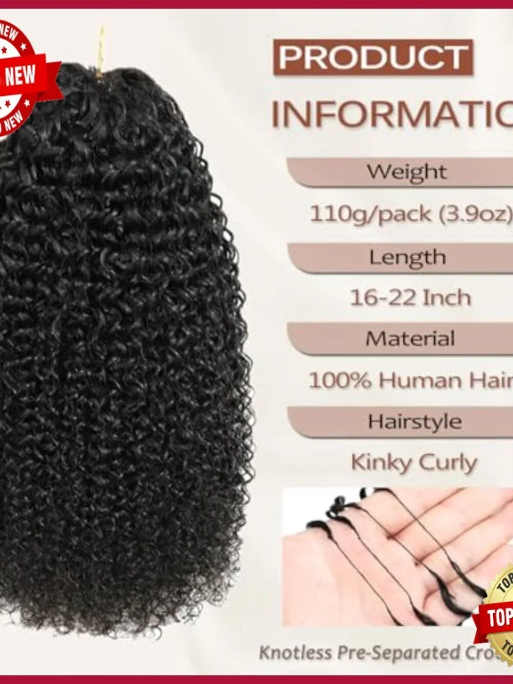 Human Hair Extensions 18 Inch Kinky Curly Crochet Braiding 110g